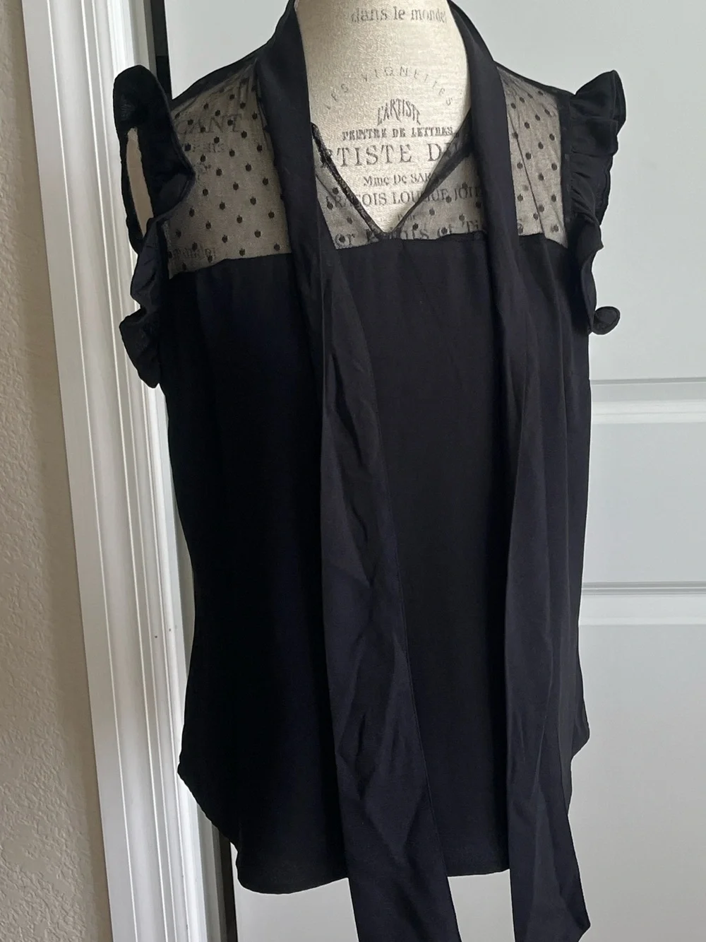 NWT New York & Co black tank polkadot, mesh, ruffles and scarf size medium